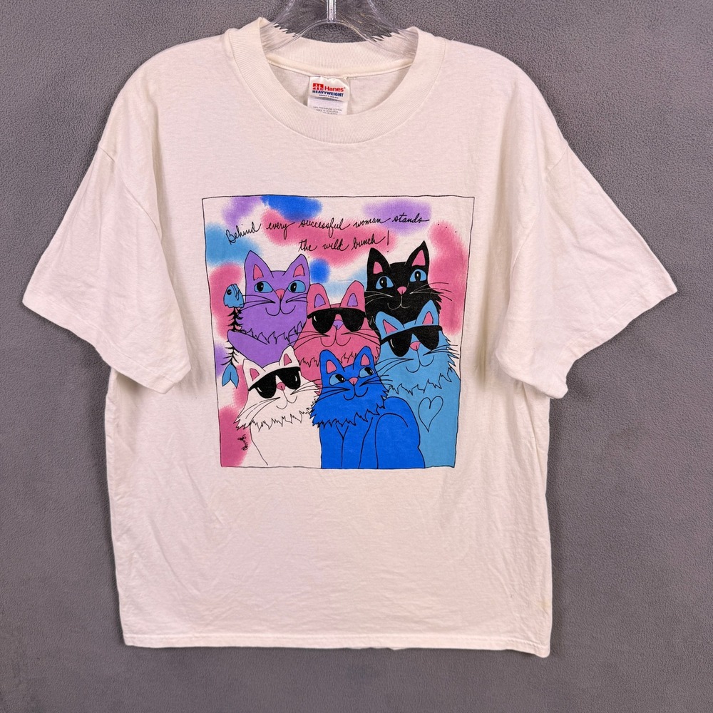 VTG Cats Graphic T-Shirt Womens Large Hanes White Wild Bunch Single Stitch